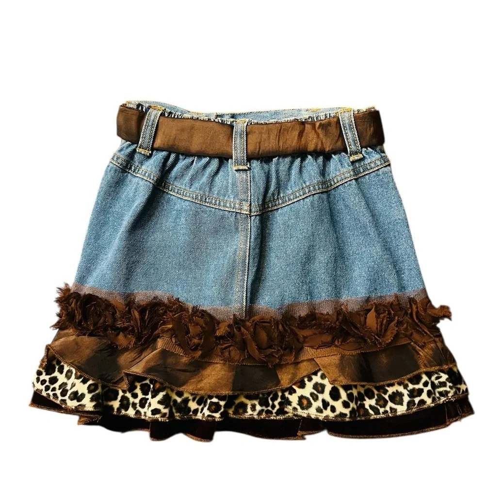 Greggy Girl Chic Denim Skirt with Brown and Leopard Accents Girl’s Size 6
